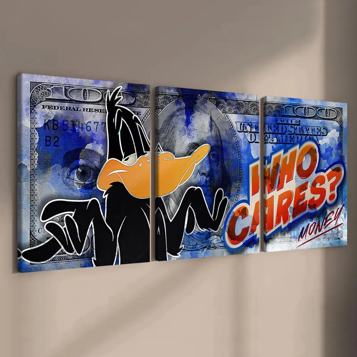 Daffy Duck Money Themed Creative Animal Design Poster, Wooden Framed Artistic Canvas Painting Set, Modern Art Wall Art for Home Living Room Bedroom Decor, Ornaments, Art Wall Decoration Decorative Artwork