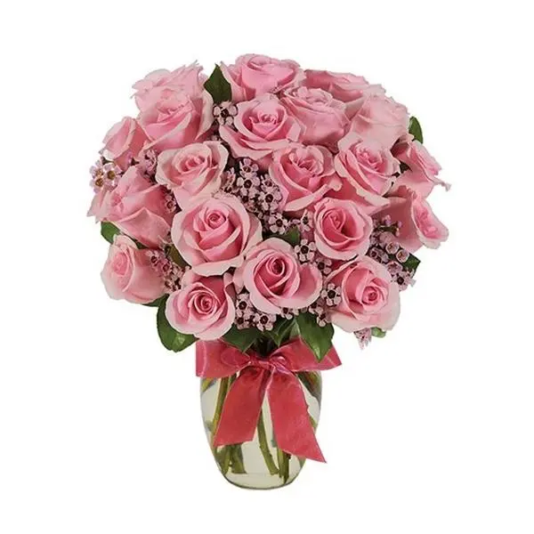 Pink Rose Bouquet Flower with Pink Ribbon and Green Striped Vase Decorative Arrangement