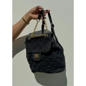 Denim Backpack - Quilted Design with Chain Strap and Gold Hardware for Everyday Use