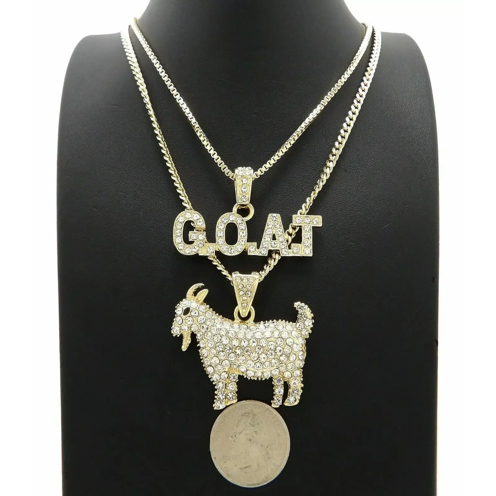 MaxBling81 Unisex Iced Goat Shape Pendant with G.O.A.T Letters - 2-Pieces Hip Hop Jewelry Set Including 2 20" or 24" Box Cuban Chains, 2 Chains