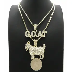 Iced Goat & G.O.A.T Letters Pendant & 20" 24" Box Cuban Chain Hip Hop 2 Necklace Set