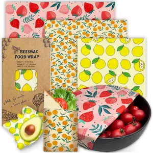 3 Pack Reusable Beeswax Food Wraps, Organic Sustainable Biodegradable Zero Waste, 1L Strawberry 1M Orange 1S Lemon Patterns