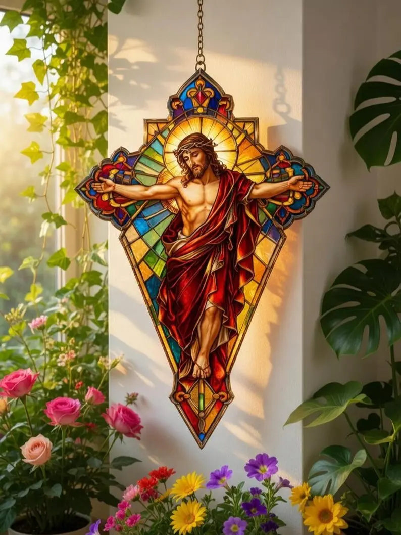 Jesus Cross Acrylic Suncatcher, Church Decor, Religious Gift, God Christian