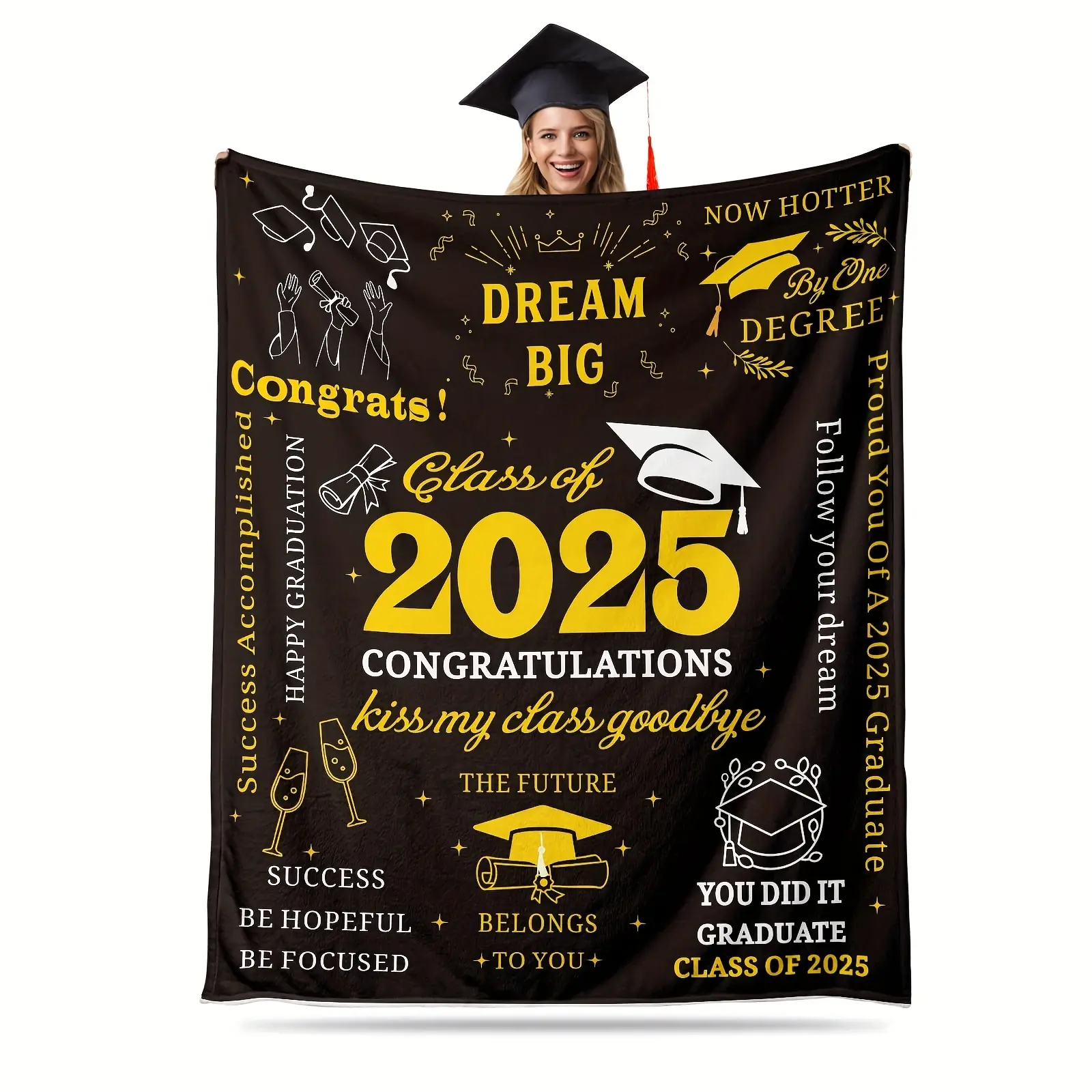 2025 Commemorative Printed Flannel Blanket - Dream Big Design with Graduation Cap, Diploma, Parabola Motif, Comfortable Throw for High School/College Graduates, Ideal Gift for Students of All Ages, Includes Cap