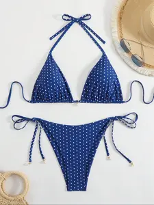 Plus Size Women's Polka Dot Print Halter Neck Bikini Set, High Stretch Tie Back Backless Swim Top & Tie Side Swim Bottom for Beach Holiday Vacation, Ladies Swimwear for All Seasons, Bikini Swimsuits