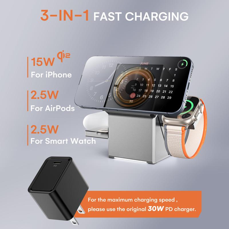 YWZ 3 in 1 Wireless Charger Fast Charging Qi2 Certified for iPhone iWatch AirPods Magnetic Automatic Rotation Touch Pop-Up Charging Station Easy Carry YWZ 3 in 1 Wireless Charger Fast Charging Qi2 Certified for iPhone iWatch AirPods Magnetic Automatic Rotation Touch Pop-Up Charging Station Easy Carry