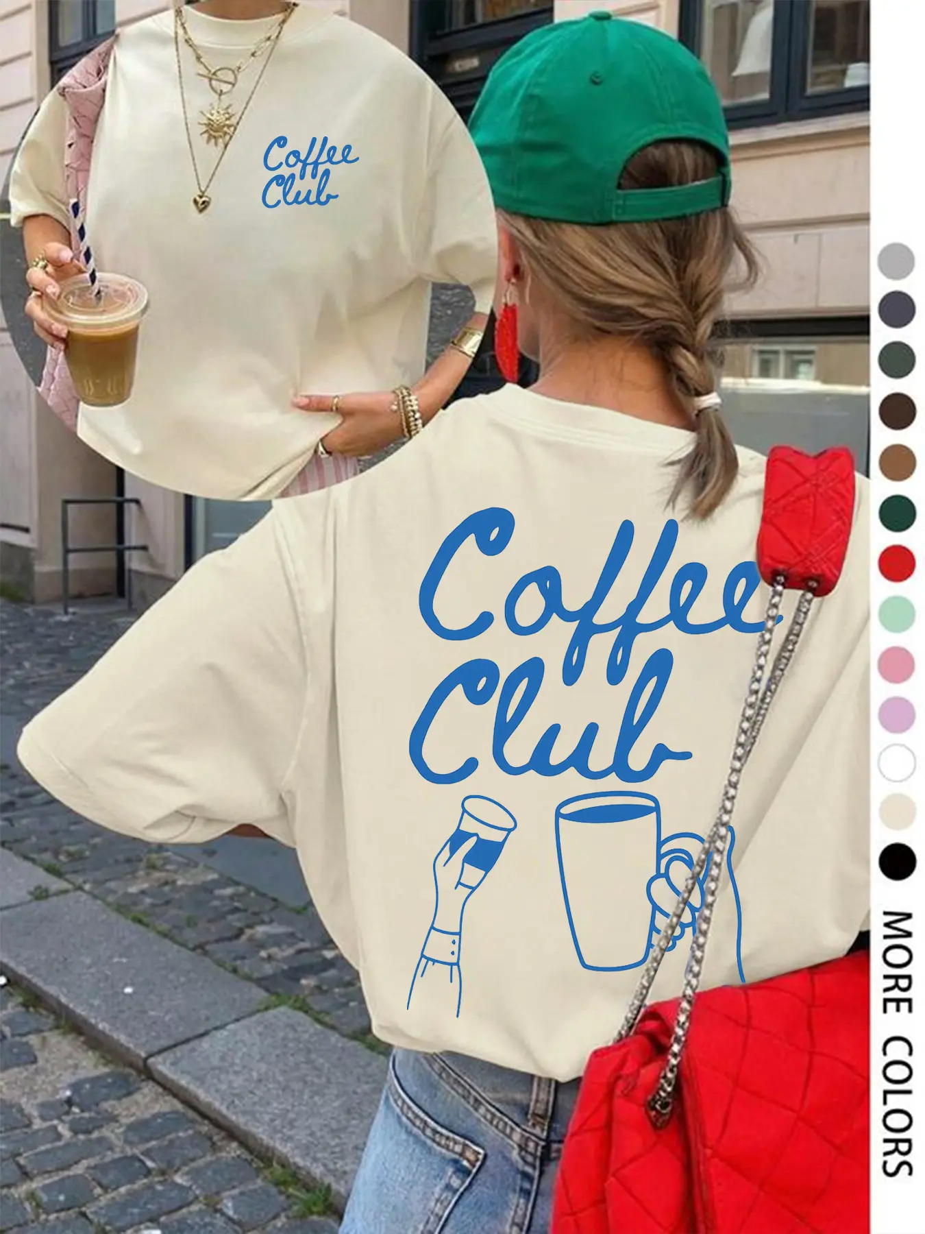 Coffee Club Relaxing Fit Everyday Womenswear Casual Streetwear Round Neck T-Shirt, Casual Everyday Tops, Coffee Lovers' Cure, Hand-Drawn Coffee Elements, Multiple Colors Available