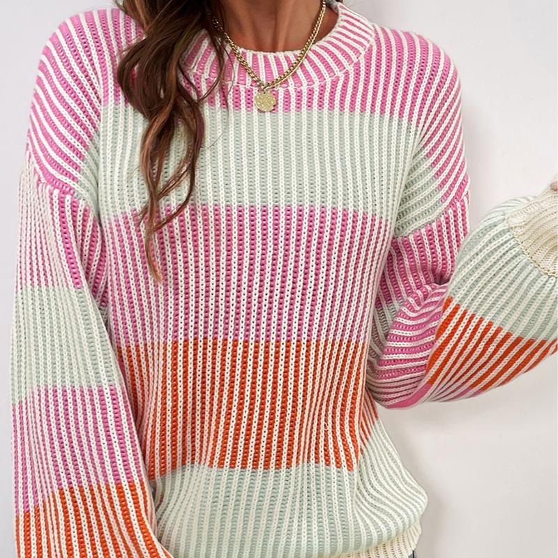Women's Sweet Candy Pink Colorblock Textured Knit Bubble Sleeve Sweater