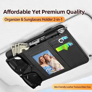 Car sun visor storage bag with multiple pockets, includes sunglasses holder, folder slot, and sun visor card clip; suitable for cars and SUVs