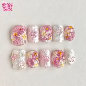 Blossom Butterfly Handmade Press-On Nails | Short Square Shape, 10pcs | Spring Pink Dried Flower & Butterfly Design | Glossy Finish with Glitter & Pearl Accents | Transparent Acrylic | Reusable DIY Nail Kit, Embellished Rhinestone Butterfly