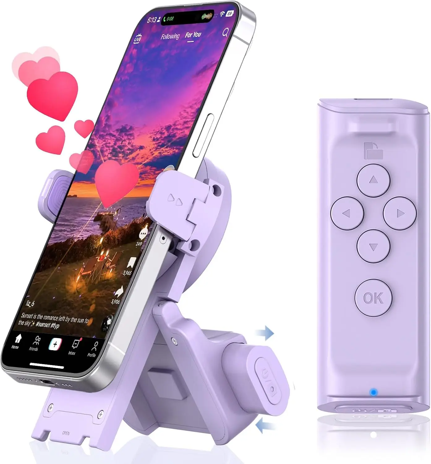 Bluetooth Multi-Function Remote Control with Phone Stand - TikTok Scrolling, Kindle App E-Book Page Turner, Camera Shutter for Smartphone, Cellphone, iPhone, Android, iOS, iPad, Tablet (Purple)