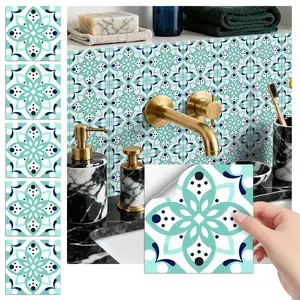 24PCS/Box FHZ Classic Art Tile Lime Blue Retro Geometric Floral Wall Stickers (PET Matte) | Peel & Stick Splash Guard | Waterproof Oil - Proof for Bedroom/School/Office/Kitchen/Bathroom/Furniture