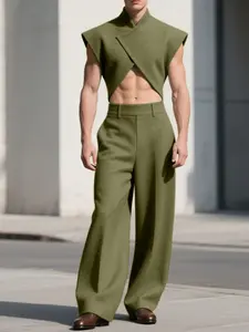 Men's Fashion Simple Structure Solid Color Cut-Off Sleeveless Top + Long Pants Two-Piece Set, Casual Daily Wear, Stylish and Comfortable