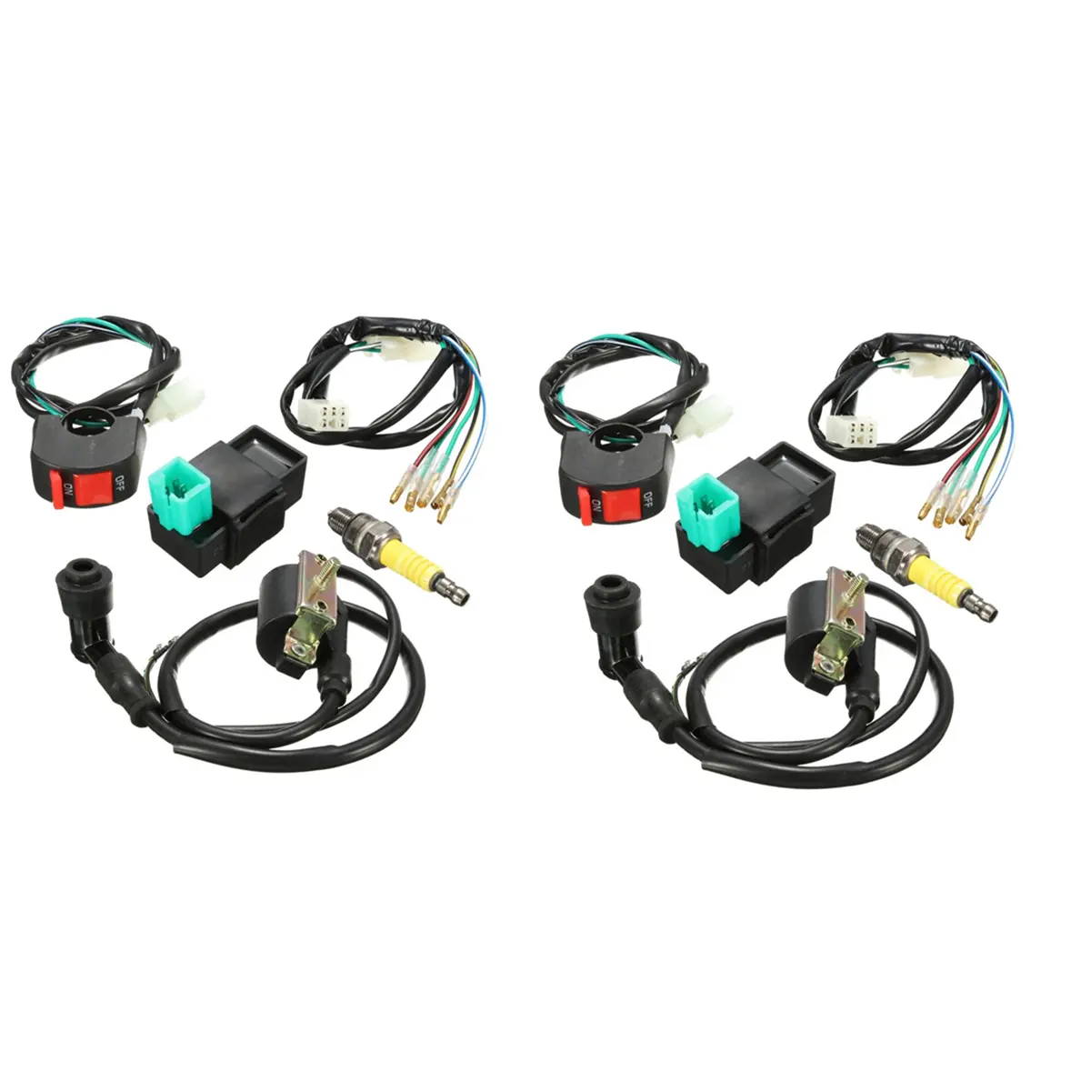 6-Piece Sparkplug Ignition System Component Set for 110cc-140cc Chinese Pit Bikes, Monkey Bikes - 2X Wiring Loom, Kill Switch Coil, 2 CDIs, 2 Spark Plugs, 26cm Black + Green Parts, 6 Pieces, Vehicle-Specific Fit, Plastic, Complete Kit, Ignition Control, R