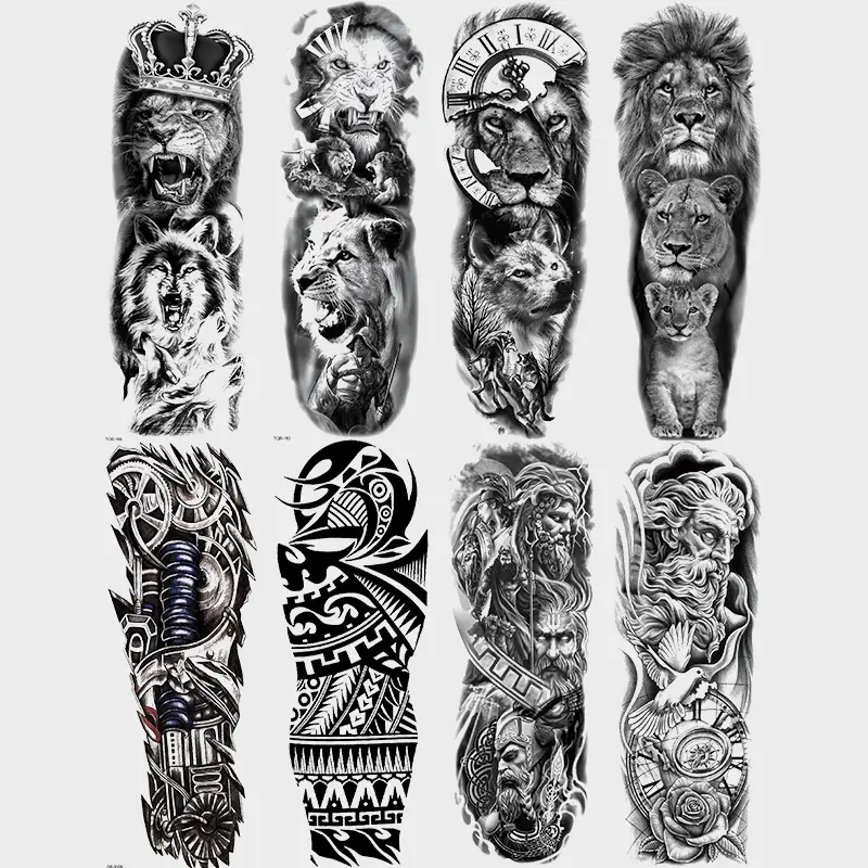 8-Piece Full Arm Temporary Tattoo Stickers, Waterproof Tribal Totem Lion Warrior Tattoos, Adult Men Women Body Art Fake Tattoos