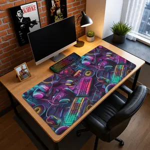 Extended Cyberpunk Tech Gear Neon Desk Mat, Stitched Rubber Large Gaming Mouse Pad for Mechanical Keyboard, Gamer Room Decor Gift