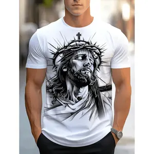 Men's 3D Jesus Graphic T-Shirt, Casual Polyester Crew Neck Short Sleeve Top, White with Black & Gray Religious Print, Machine Washable, Breathable Soft Fabric for Daily Streetwear & Casual Outfits