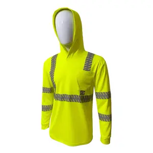 HiVis Safety Reflective High Visibility Long Sleeve Shirt with Hoodie Heat Pressed Strip No Stitching Men Construction Work Shirts ANSI Class 3 ST917 Neon Yellow