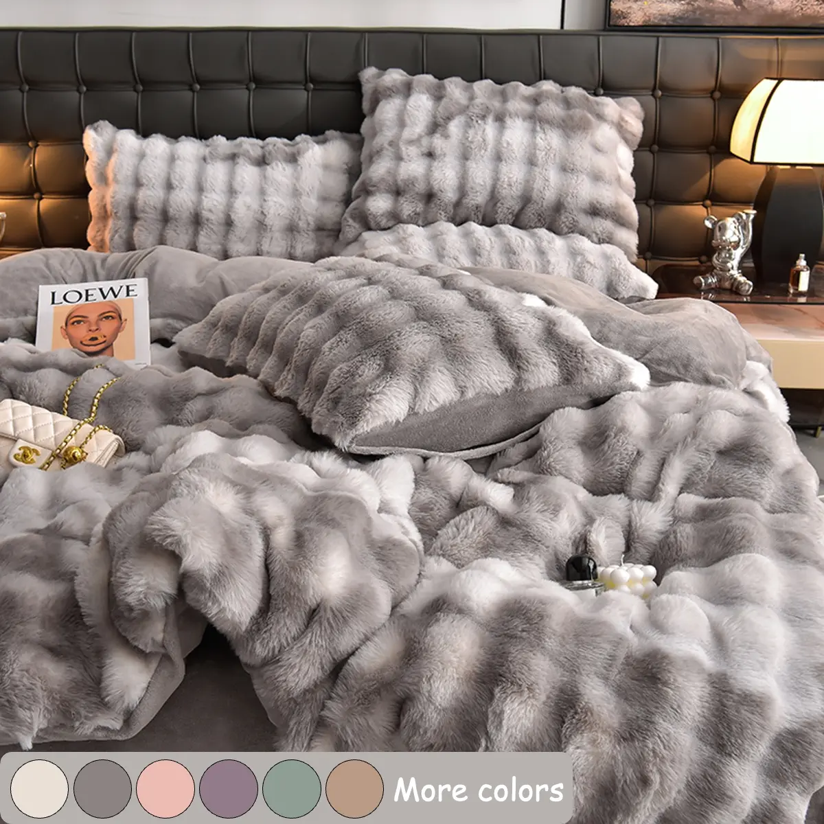 Faux Rabbit Fur Duvet Cover Set, Luxury Ultra Soft Solid Color Bedding Bed Sets, Warm All Season 3 Piece Set with 1 Duvet Cover and 2 Pillowcases for Bedroom, Sofa, Dorm