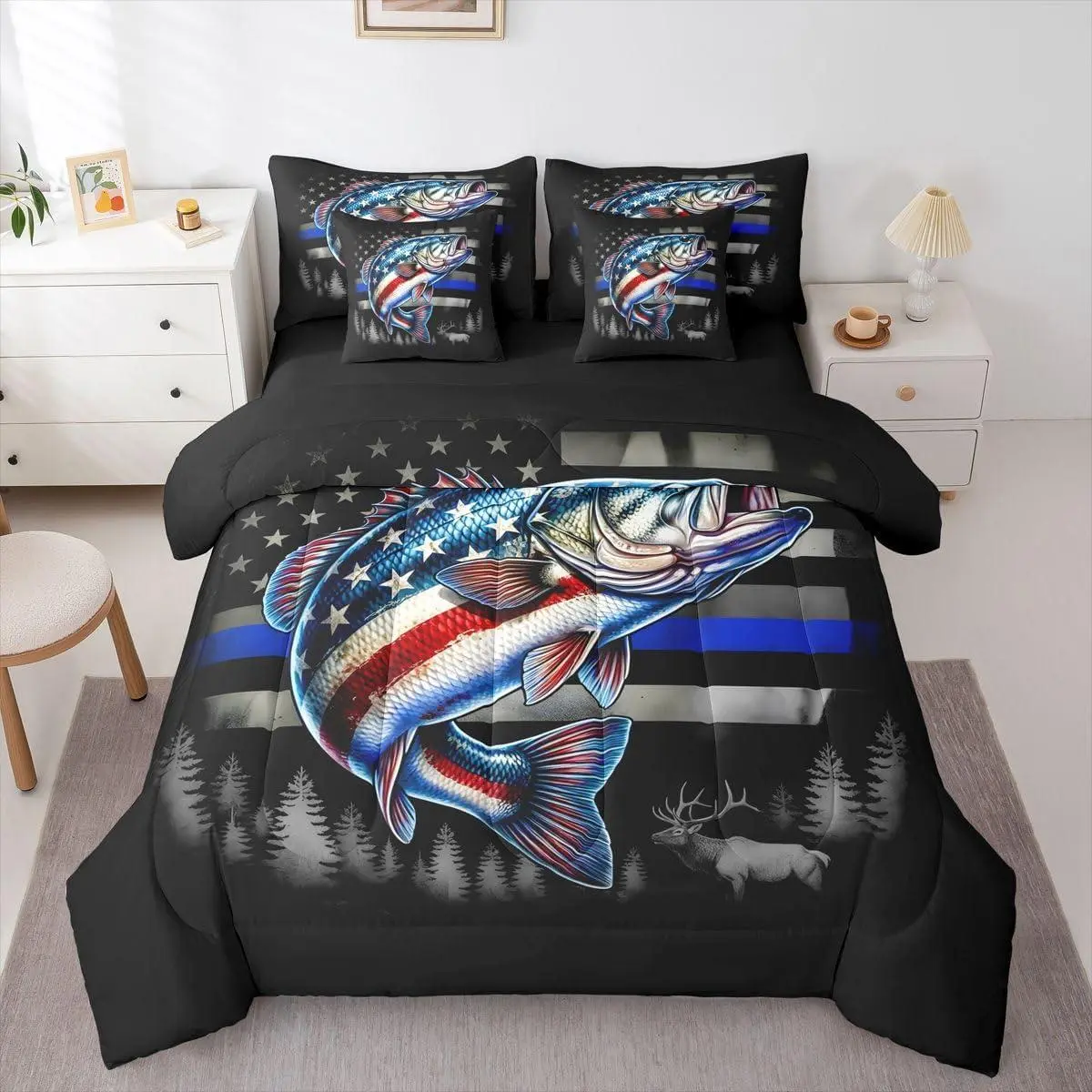 Fishing and Hunting Comforter Set with Sheets 7 Piece American Flag Bass Fish Bed in A Bag Forest Deer Bedding Set,for Kids Adults,Hunter Fisherman Bed Set