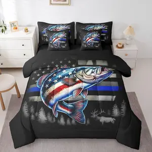 Fishing and Hunting Comforter Set with Sheets 7 Piece American Flag Bass Fish Bed in A Bag Forest Deer Bedding Set,for Kids Adults,Hunter Fisherman Bed Set