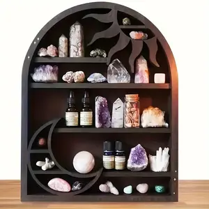 Country Wind Moon and Sun Wooden Stand-Shining Crystal Display Aromatherapy Candle and Stone, Space Saving Wall-Mounted, Boho Home Decoration Organiser Racks