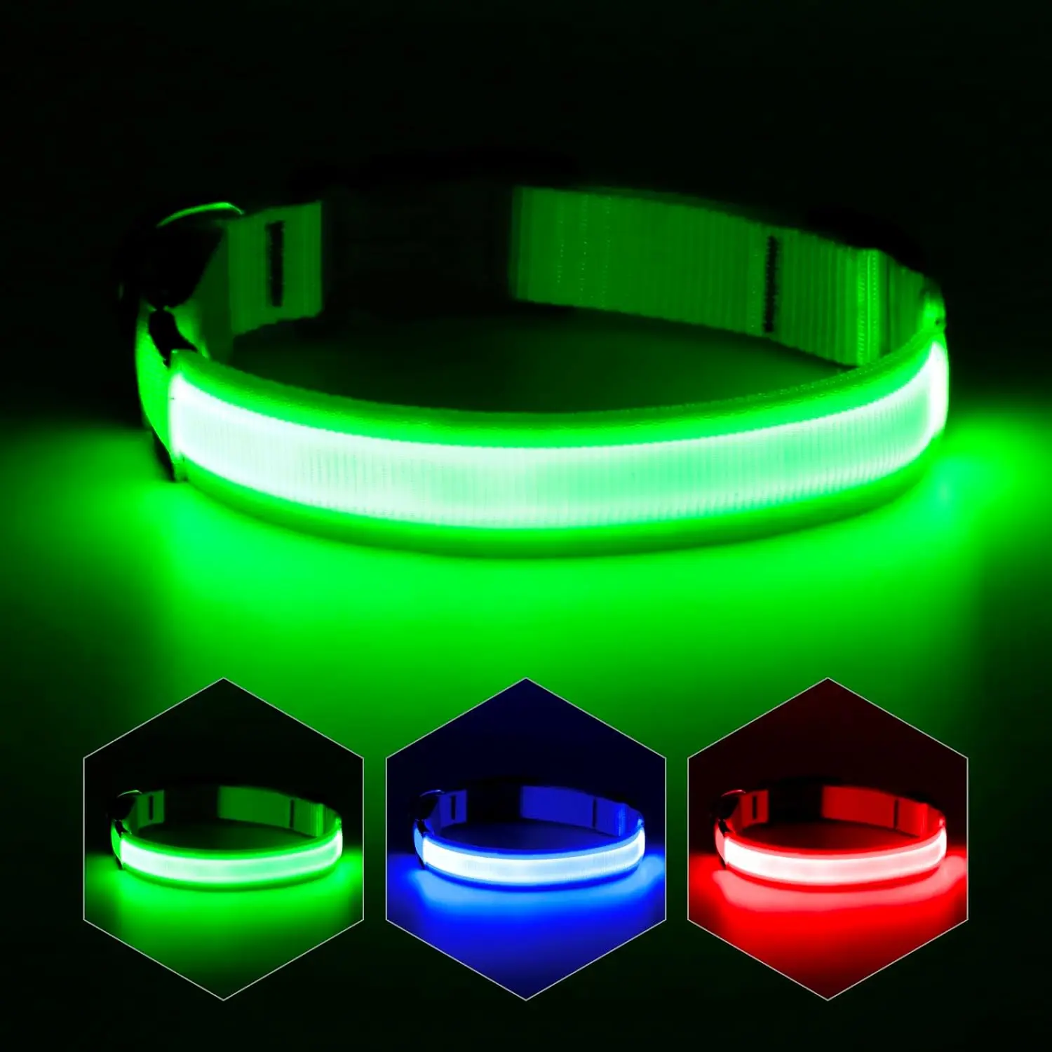 YFbrite Nylon LED Dog Collar - 360° Ultra-Bright LED Illumination, Glowing, Ultra-Light, Adjustable, USB Rechargeable, Waterproof, 3 Modes for Medium Dogs Hiking, Green, Led Lights, Solid