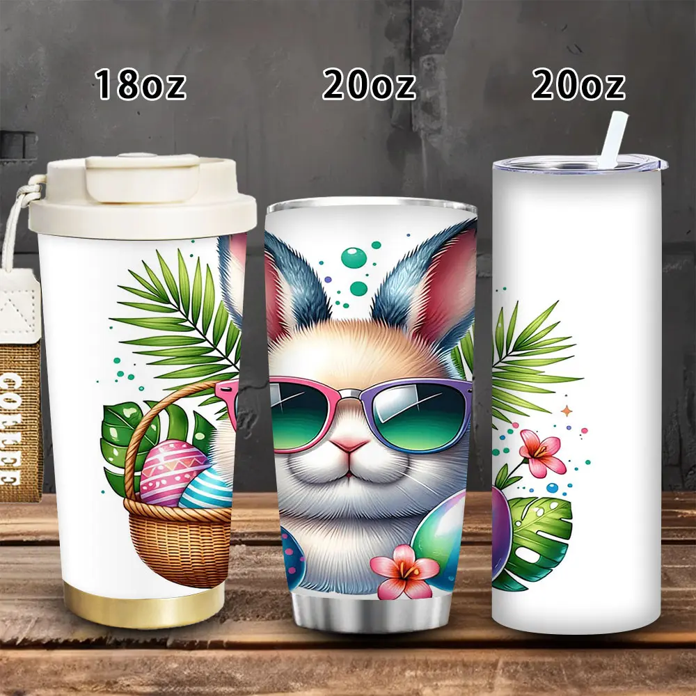 1pc Easter Bunny with Sunglasses Vacuum Flask Tumbler, 18oz/20oz Colorful Eggs & Flowers Design, Insulated Travel Mug with Lid & Straw, Gift for Women for Easter, Valentine’s Day, Birthday, Iced/Hot Drink Cup, Adults