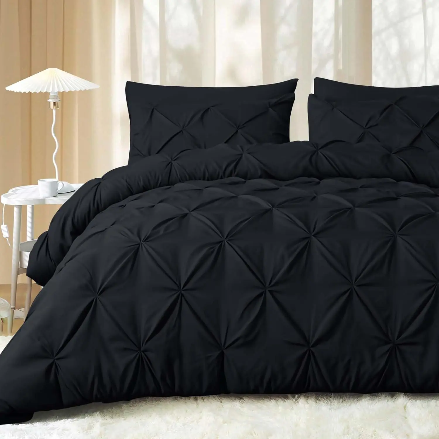7pc Bed-in-a-Bag King Size Pintuck Comfy Microfiber Bedding Set - 108"×102" Sheet, Comforter, Flat Sheet, Pillowcases, 20"×36" Shams, Black, 100wash Durable