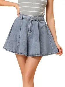 INSPIRE CHIC High Waist A-Line Flared Mini Jean Denim Skirt with Belt Blue
