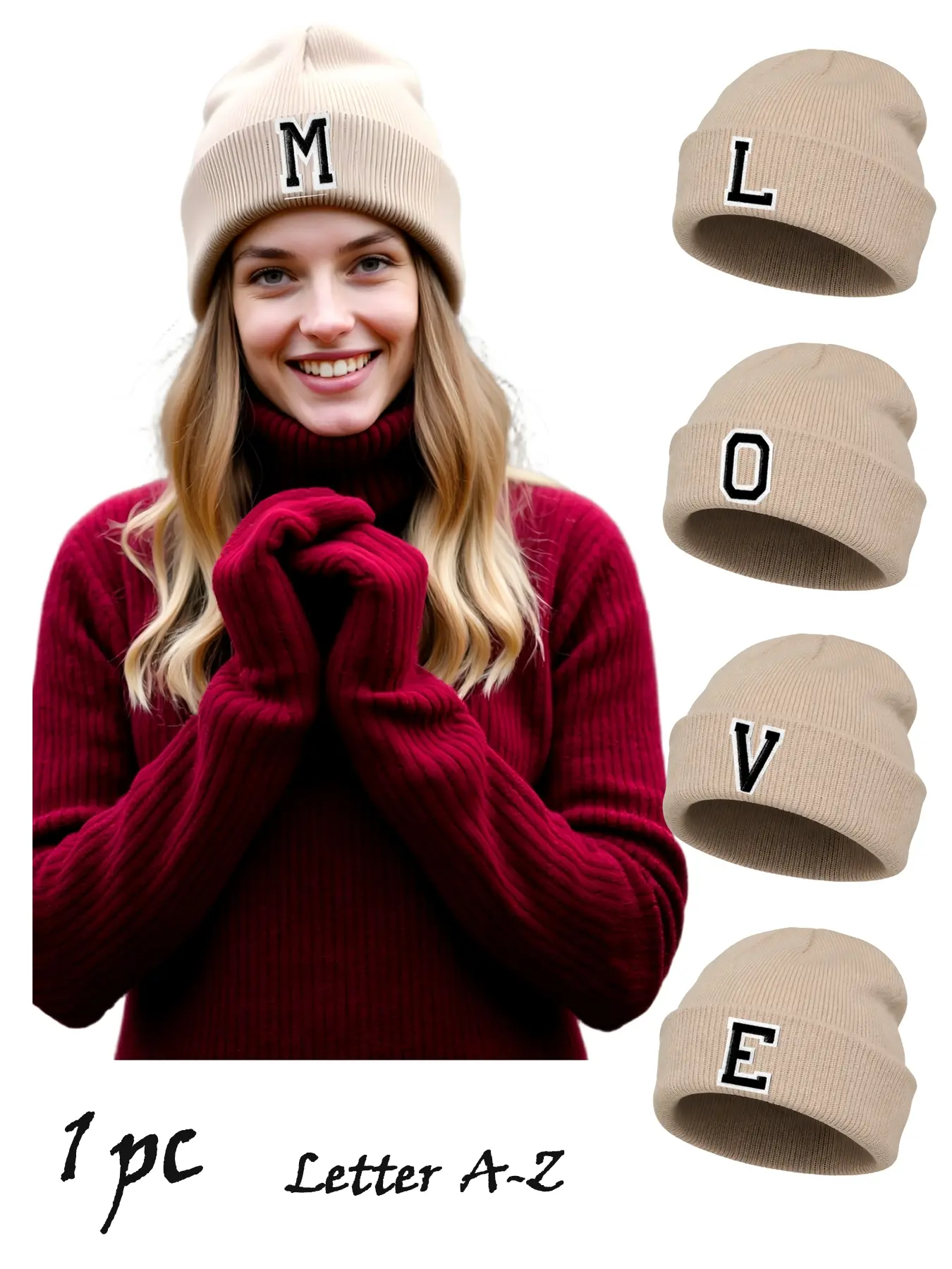 Couple Knitted Beanie Hat, Casual Loose-Fitting Winter Cap, Warm Pure Color Letter Pattern, Outdoor Fall Winter Activities