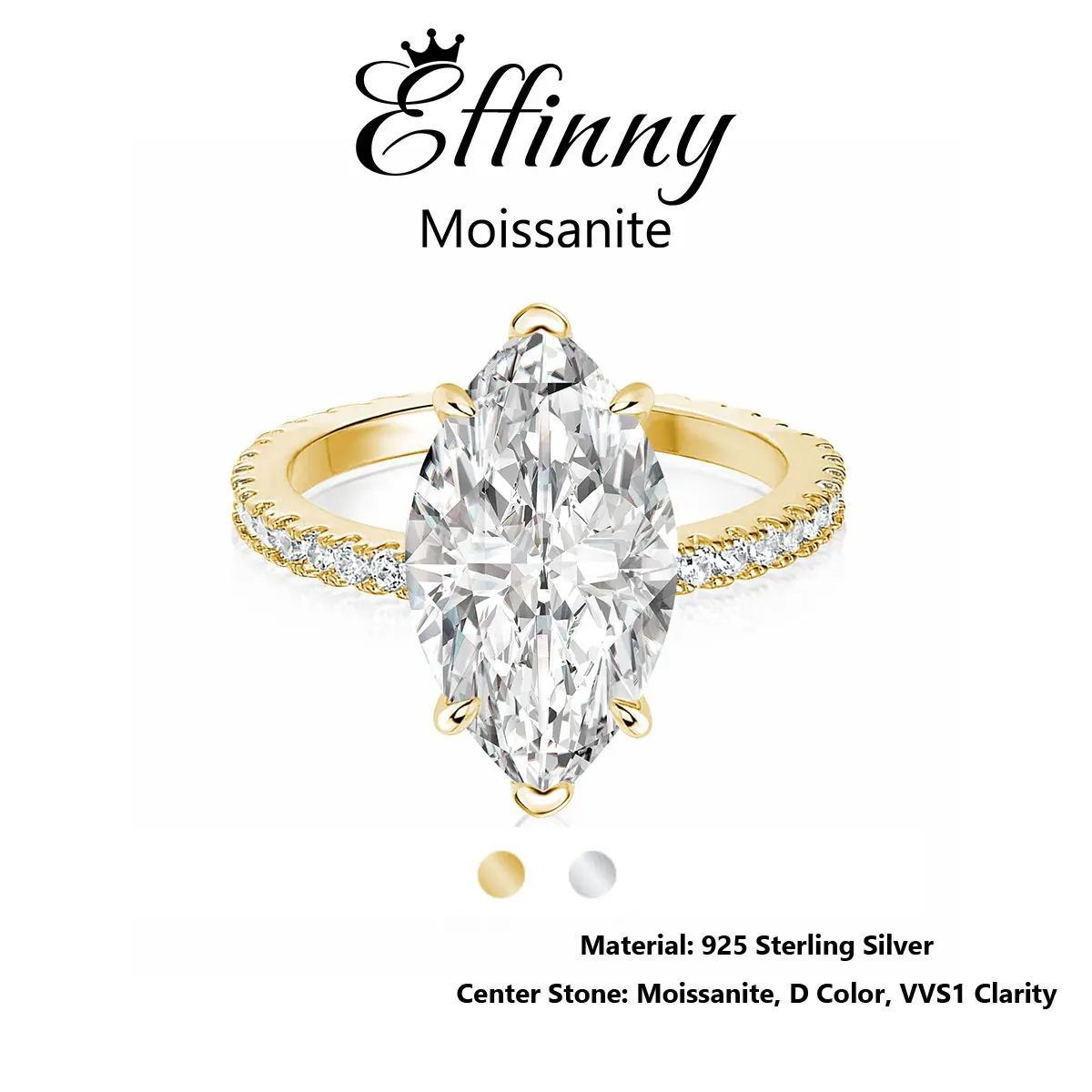 Effinny 14K Gold Plated Synthetic Moissanite Non-tarnish Marquise Excellent Cut D Color VVS1 Engagement Ring, 925 Sterling Silver 4.0 Carat Promise Travel- friendly Jewelry for Women, Moissanite Rings, Elegant Everyday Ring