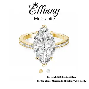 Effinny 14K Gold Plated Synthetic Moissanite Non-tarnish Marquise Excellent Cut D Color VVS1 Engagement Ring, 925 Sterling Silver 4.0 Carat Promise Travel- friendly Jewelry for Women