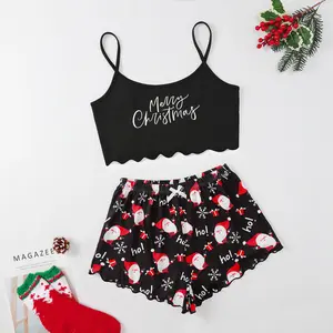 Women Christmas Pajamas 2 Piece Set Cute Suspender Cartoon Print Trim Short Top Shorts Suit Casual Cozy Loungewear