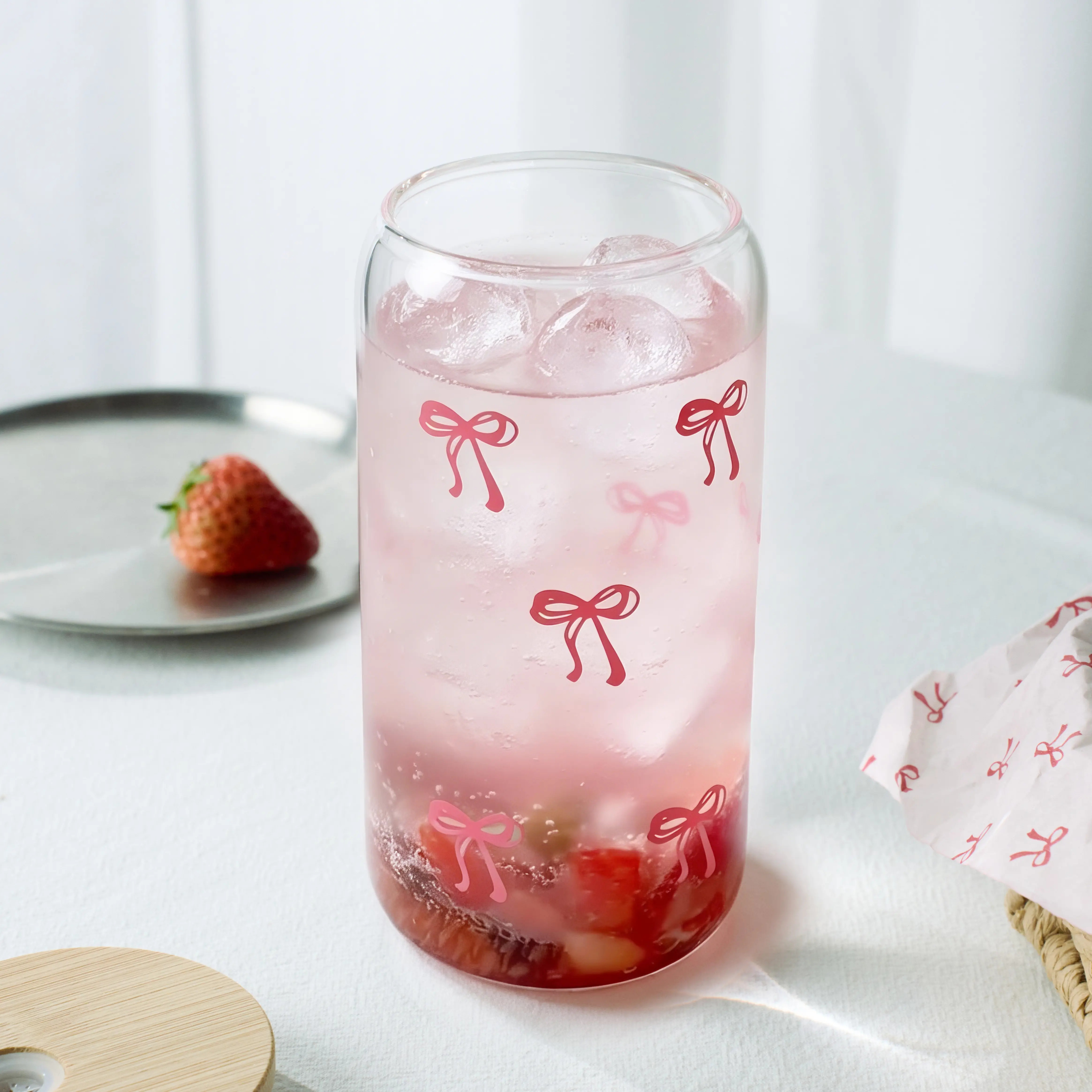 Coquette Cute Pink Bow Glass Cups with Lids and Straws, Aesthetic Iced  Coffee Cup, Girly Preppy