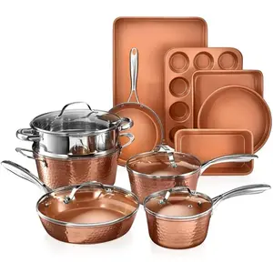 15-Piece Gotham Steel Hammered Ceramic Nonstick Cookware Set with Deep Copper Pots, Pans, Bakeware, and Deep Fry Pan