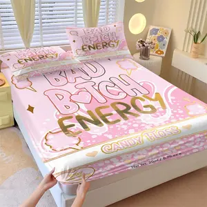3Pcs Pink Bad B Energy Fitted Sheet Set, Sassy Girly Bed Sheet Set, Candy Floss Print Bedding Set with Pillowcases, Deep Pocket Bedding, Perfect for Teen Girls Bedroom & Dorm Decor - No Filling