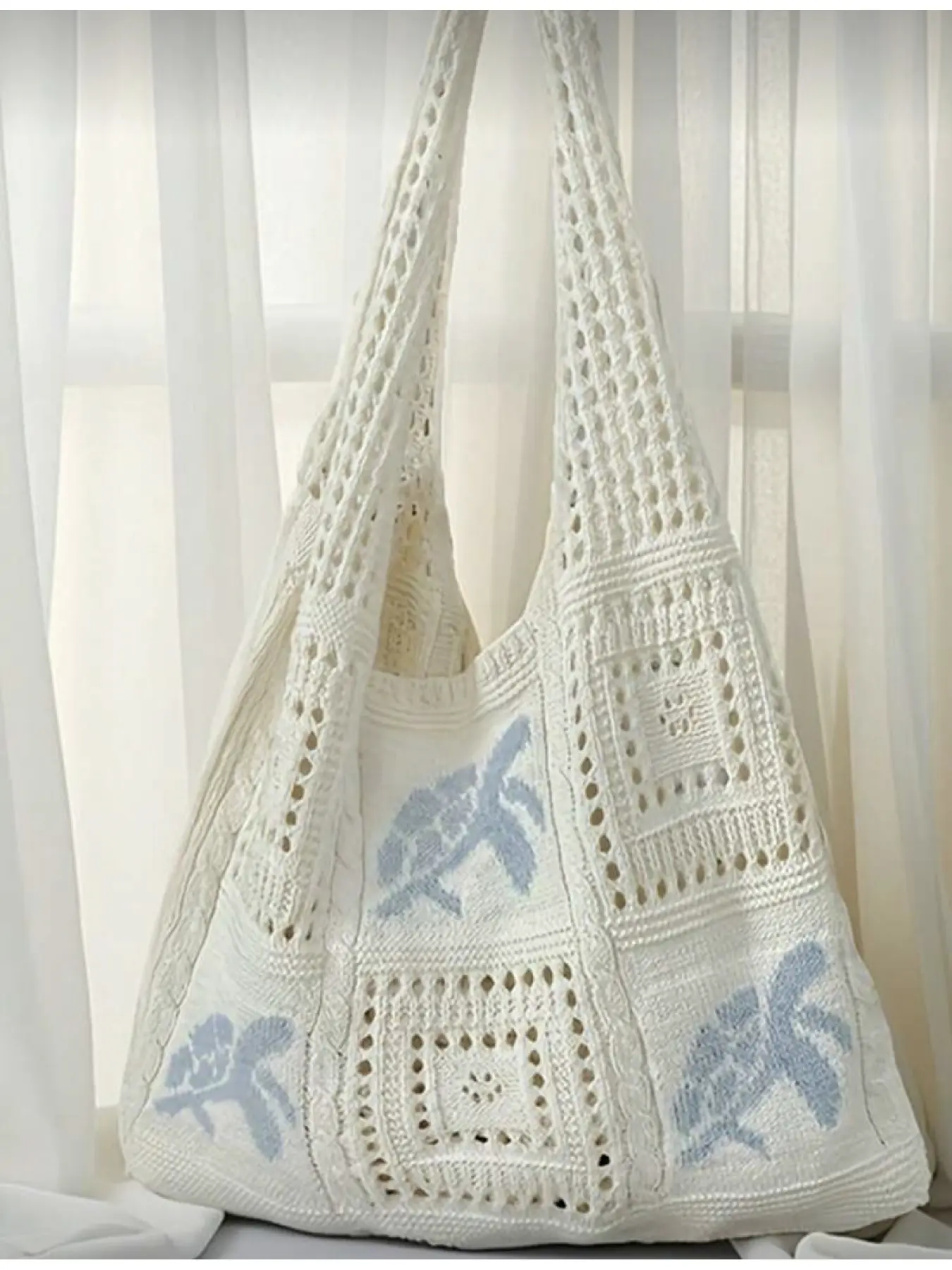 Women Summer Beach Tote Bag Turtle Pattern Crochet Design Large Capacity Open Top Handbag Beige Polyester Casual Travel Coastal Vacation Bohemian Style Woven Texture Textured Bag Lightweight Beach Bag Travel Accessory Casual Trendy Bag