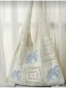 Women Summer Beach Tote Bag Turtle Pattern Crochet Design Large Capacity Open Top Handbag Beige Polyester Casual Travel Coastal Vacation Bohemian Style Woven Texture Beach Bag Travel Accessory Handcrafted Bag