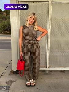 two-piece set women's gingham print tank top & wide leg pants, casual fashion cozy outfits for daily outdoor wear, women clothes for spring fall