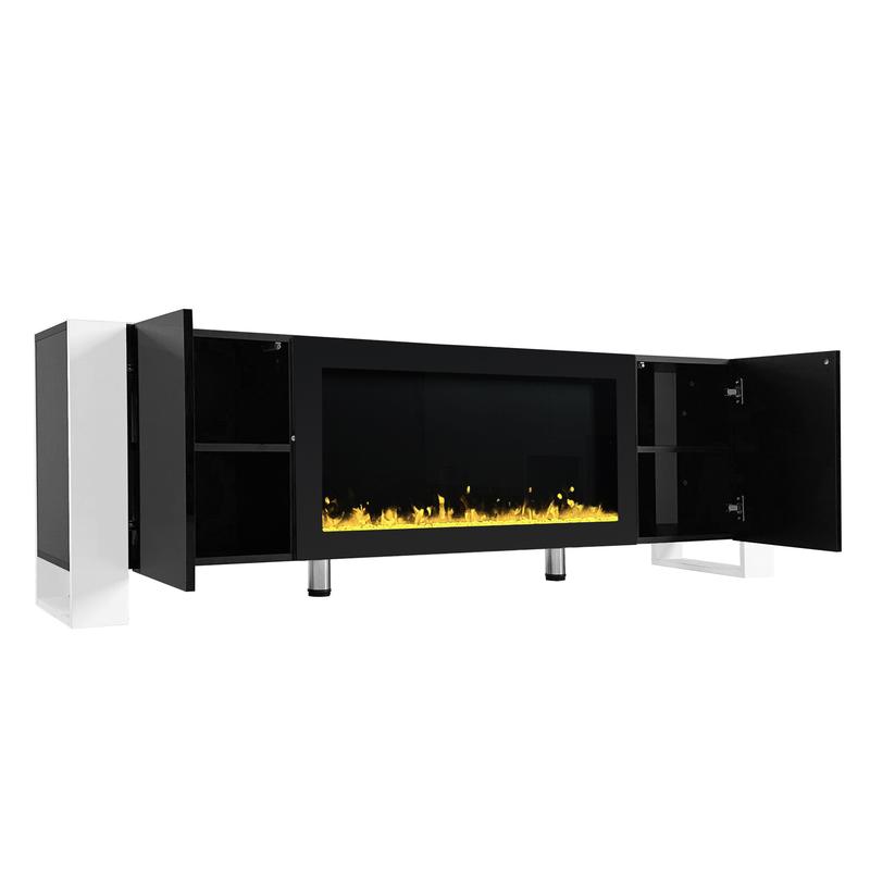 Modern TV Stand with 34.2" Non-Heating Electric Fireplace, High Gloss Entertainment Center with 2 Cabinets, Media Console for TVs up to 78" (Black)