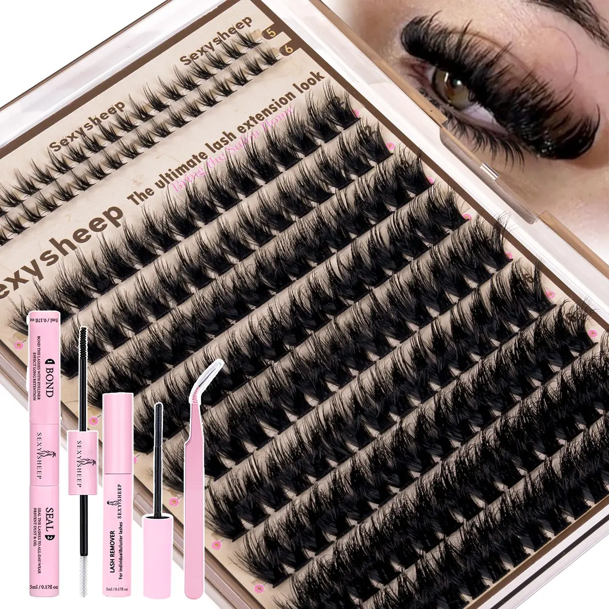 Thick Cluster Kit, Dense Eyelash Clusters, Dramatic Eyelash Extensions with Bottom Lashes, Volume Lash Clusters with Thin Band, Suitable for Beginners, Diy Lash Extension, Eyelash Extensions Set, Volume Eyelashes, with Bond&Seal&Remove&Eyelash Tweezers