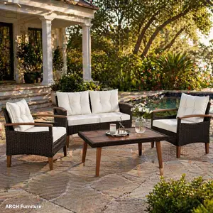 4-Piece Weatherproof PE Rattan Patio Furniture Set, Modern Outdoor 4-Seat Wicker Set with Wooden Table, Armrests and Legs, Brown and Beige