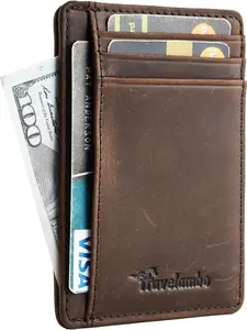Medium Front Pocket Wallet Brown Minimalist Leather Slim RFID Blocking Card Holder Medium Size Dad Father's Day Gift