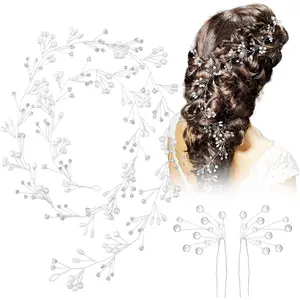 38Inch Long Pearl Flower Headband for Wedding  Extra Bridal Head Piece 2 PCS Hair Clips Accessories Women Girls Bride Bridesmaid Festival Parties