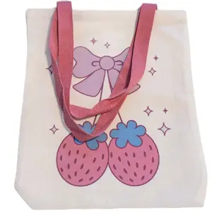 So Cutesy Canvas Tote Bag 13x14in with Strawberry Design and Pink Strap, No Additional Features or Text neutral totebag beach essentials