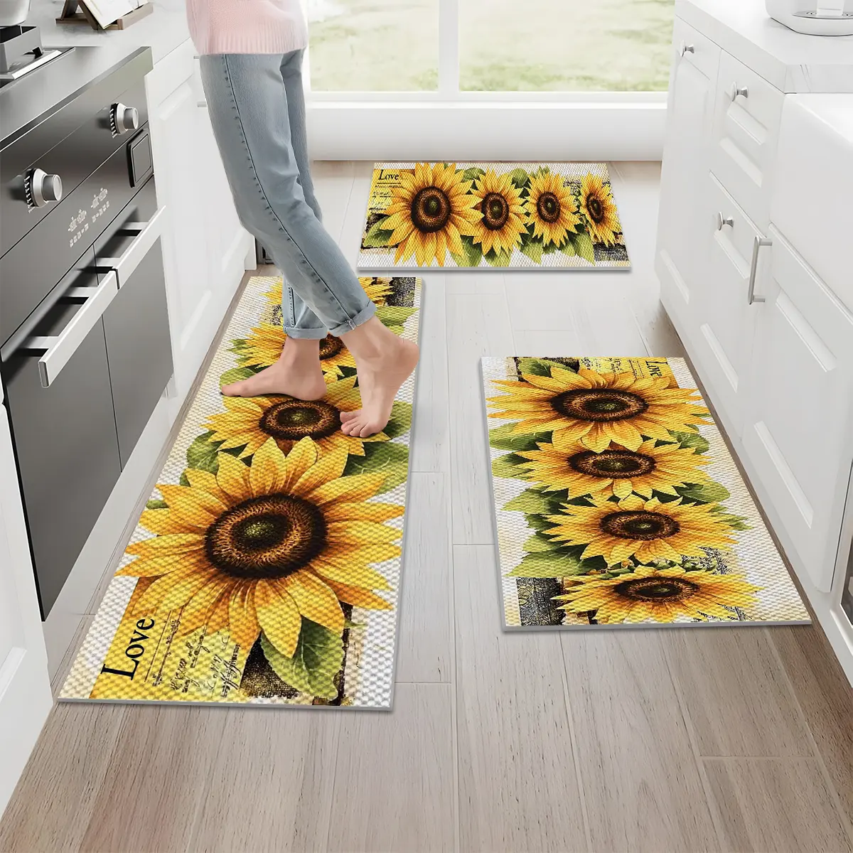 1/2/3PCS Vintage Newspaper Sunflower Kitchen Rug Set,Farmhouse Love Quote Decor Floor Mats,Non Slip Washable Foldable Durable Pineapple Texture Design Mat for Home Decor,16"X24"/20"X32"/20"X47"