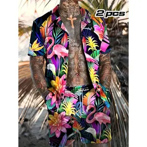 [Hawaiian-Style Beachwear] Men's Tropical Floral & Flamingo Print Short Sleeve Shirt & Shorts Set - Vibrant Hawaiian-Style Beachwear with Button-Up Collar, Non-Stretch Fabric, Perfect for Summer Vacations, Casual Summer Attire | Vibrant Print Shirt | Shor