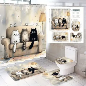 1/4pcs Cat-Themed Aesthetic Shower Curtain Set, Beige Couch with Fluffy Cats (White/Pink Paws, Gray Striped Tail) & Matching Bath Mats, Bathroom Accessory
