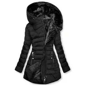Zip Hoodie Zip Pocket Puffy Jacket, Casual Long Sleeve Faux Fur Lined Warm Winter Jacket, Women's